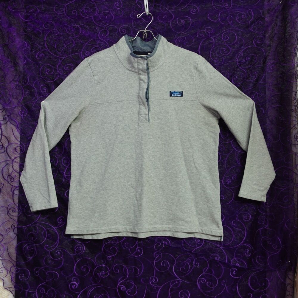 L.L. Bean Womens Sweater Size XL Regular Fit Gray Mock Neck Button Collar Gray